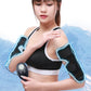 EMS arm electrode patch on forearm with controller remote, glowing blue electric effect