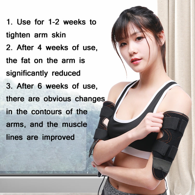 EMS arm electrode wrap on upper arm with controller, adjustable straps, black fabric