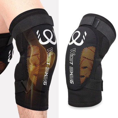 Sports knee pads set with black fabric, orange mesh panels, adjustable strap.