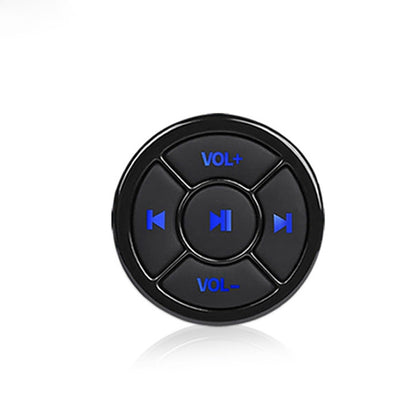 Black round Bluetooth remote control with VOL+ and VOL- and play/pause button icons