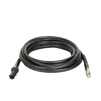 Coiled black high-pressure cleaning hose with male quick-connect fittings on both ends