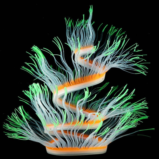 Fluorescent simulated coral anemone with blue tentacles, green tips, and orange accents