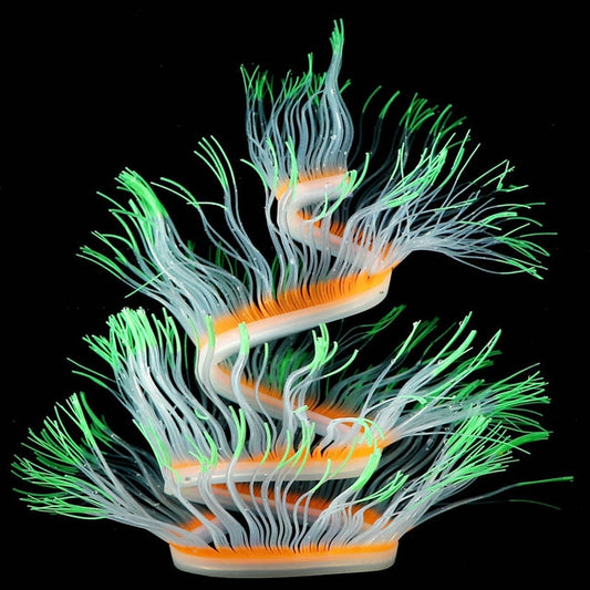 Fluorescent simulated coral anemone with blue tentacles, green tips, and orange accents