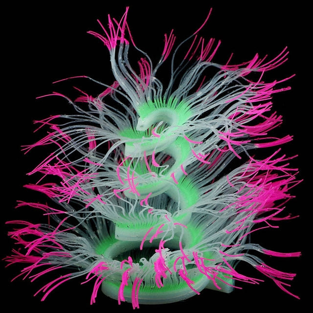 Fluorescent simulated coral anemone with blue tentacles, neon pink tips, and green center