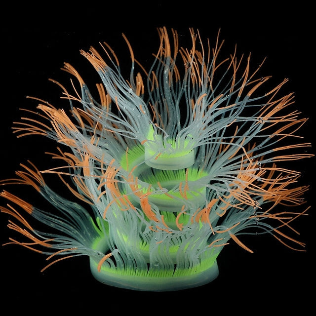 Fluorescent aquarium anemone decoration with orange tips and neon green center glow