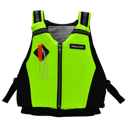 Green buoyancy vest with black side panels, front zipper, and adjustable shoulder straps.
