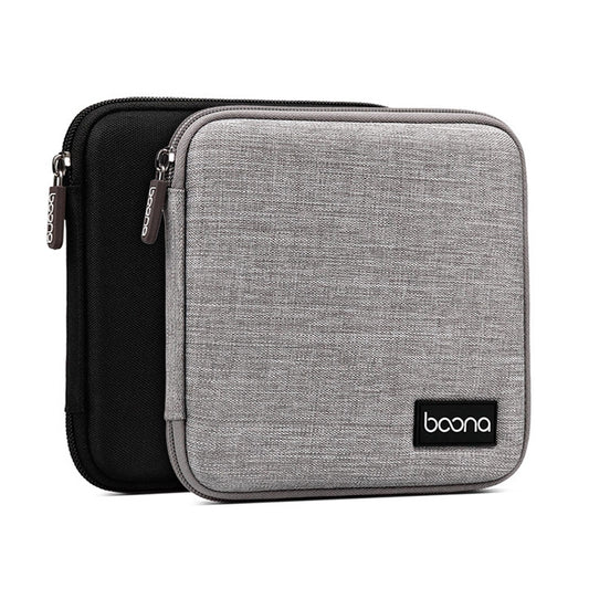 Grey and black dual-color CD storage bag with zipper and boona logo patch.
