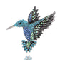 Blue rhinestone bird brooch with layered feather wings and metal pin back