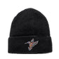 Black knit beanie with colorful bee bird brooch on the cuff