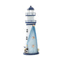 Standing blue and white lighthouse ornament with mesh tower, lantern cages, and seaside details