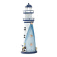 Blue and white tin lighthouse decoration with mesh body, stacked lantern rings, and base ornaments
