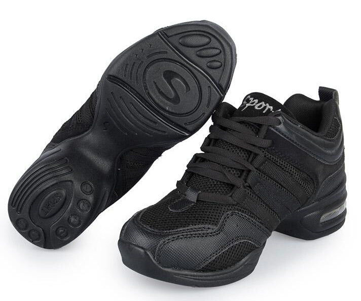 Black breathable dance shoes with lace-up front and textured rubber outsole