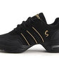Black breathable dance sneakers with gold stripe accents and lace-up closure