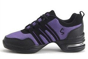 Black and purple breathable dance sneakers with lace-up closure and cushioned sole