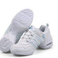 Women's white mesh lace-up dance sneaker with light blue stripes; padded air sole