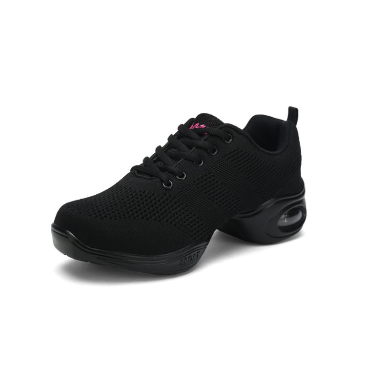 Women's black mesh lace-up dance sneaker with round toe and air-cushion heel