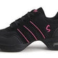 Women's black mesh lace-up dance sneaker with pink laces, stripes, and air-cushion sole