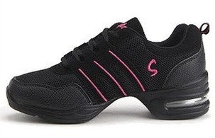 Women's black mesh lace-up dance sneaker with pink laces, stripes, and air-cushion sole