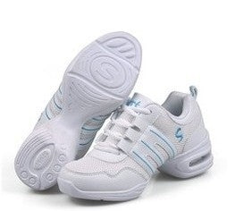 Women's white mesh lace-up dance sneaker with light blue stripes and air-cushion sole