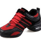 Red and black lace-up dance shoe with striped accents and air-cushion sole