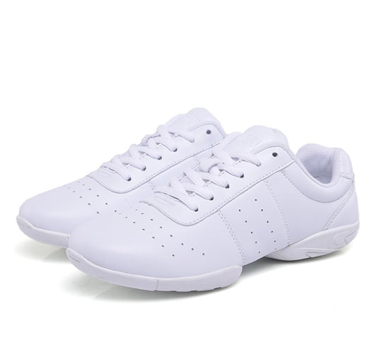 White lace-up sport sneakers with perforated toe and cushioned sole