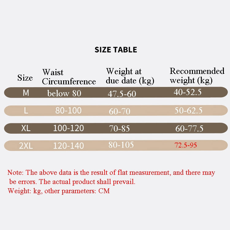 Postpartum abdomen belt corset size chart with M, L, XL, XXL measurements