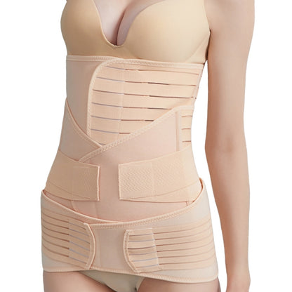 Three-piece postpartum abdomen belt set in light beige, elastic corset waist support