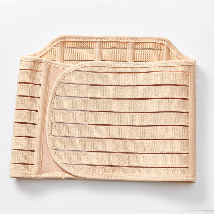 Postpartum abdomen support belt with grid-strap interior and curved front panel, light beige