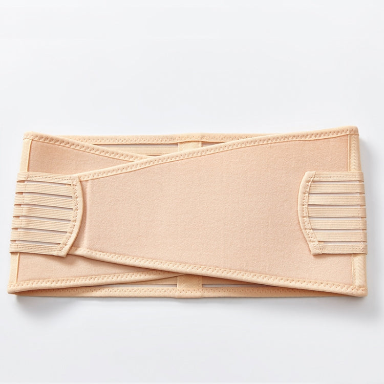 Wide postpartum abdomen belt with padded side panels and elastic hook-and-loop ends, beige
