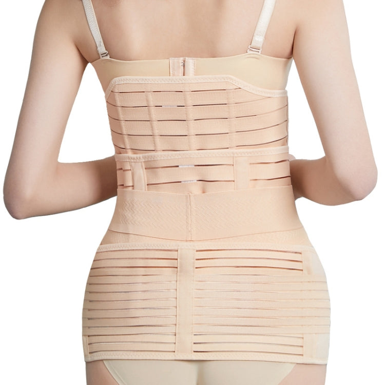 Postpartum waist support belt set worn over torso: layered elastic compression bands