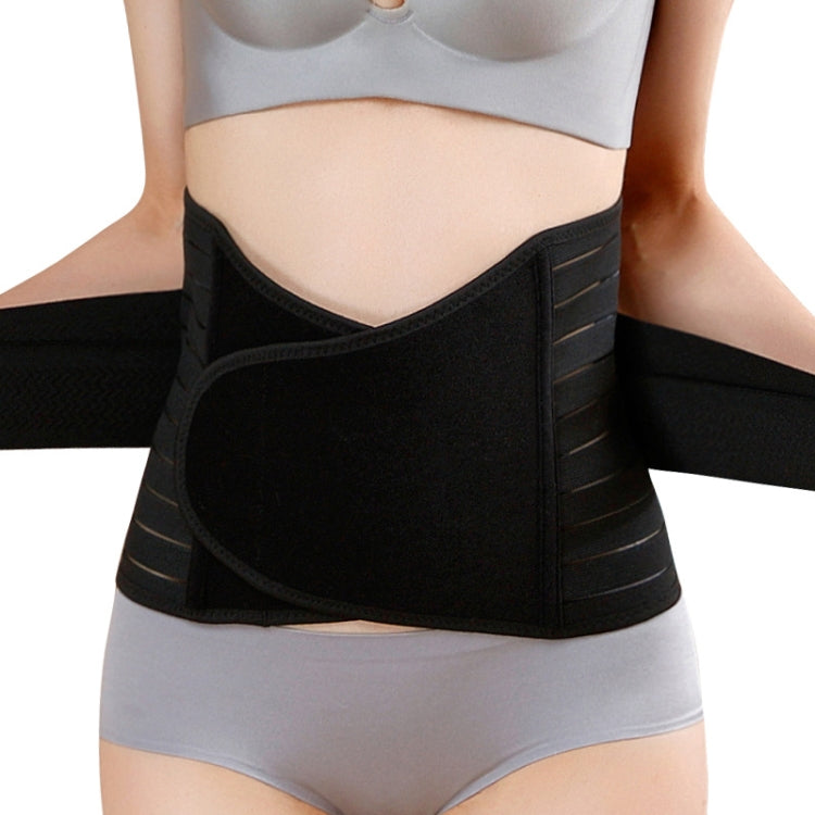 Black postpartum belly belt with wide curved front panel and adjustable side banding