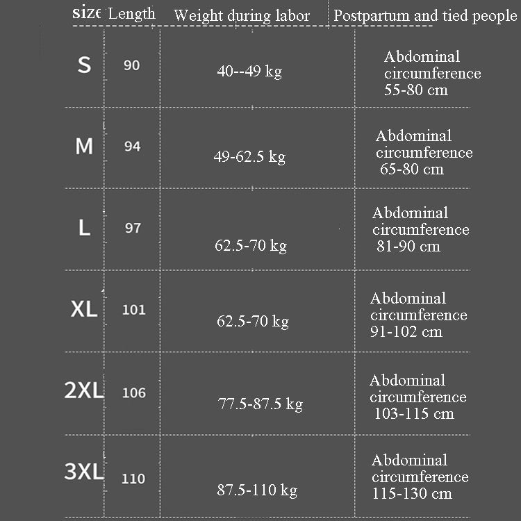 Postpartum belt size chart with lengths, labor weights, and abdominal circumference ranges