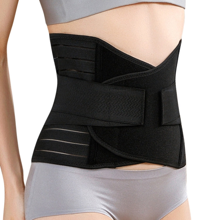 Black postpartum abdominal belt with textured center panel and hook-and-loop strap