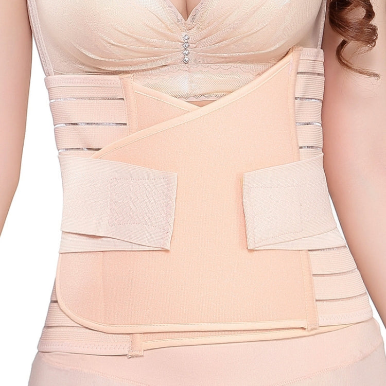 Skin-toned postpartum belly support belt with wide waistband and overlapping front straps