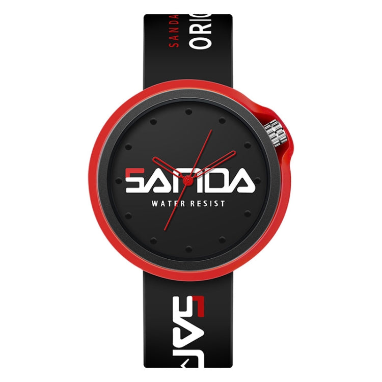 SANDA sports quartz watch with red silicone bezel and black silicone strap