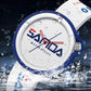 SANDA sports quartz watch with water droplets on white dial, blue bezel and strap