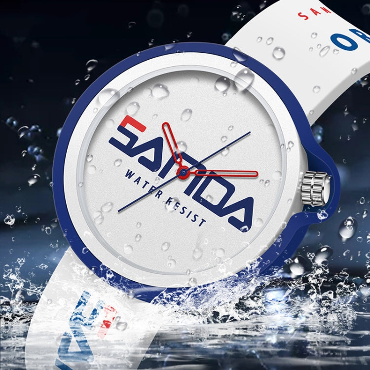 SANDA sports quartz watch with water droplets on white dial, blue bezel and strap