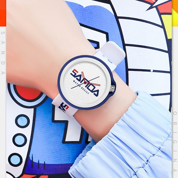 White dial silicone sports watch with blue rim and red-blue hands on white strap
