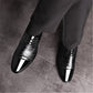 Men's black leather lace-up oxford shoes with shiny silver toe cap detail