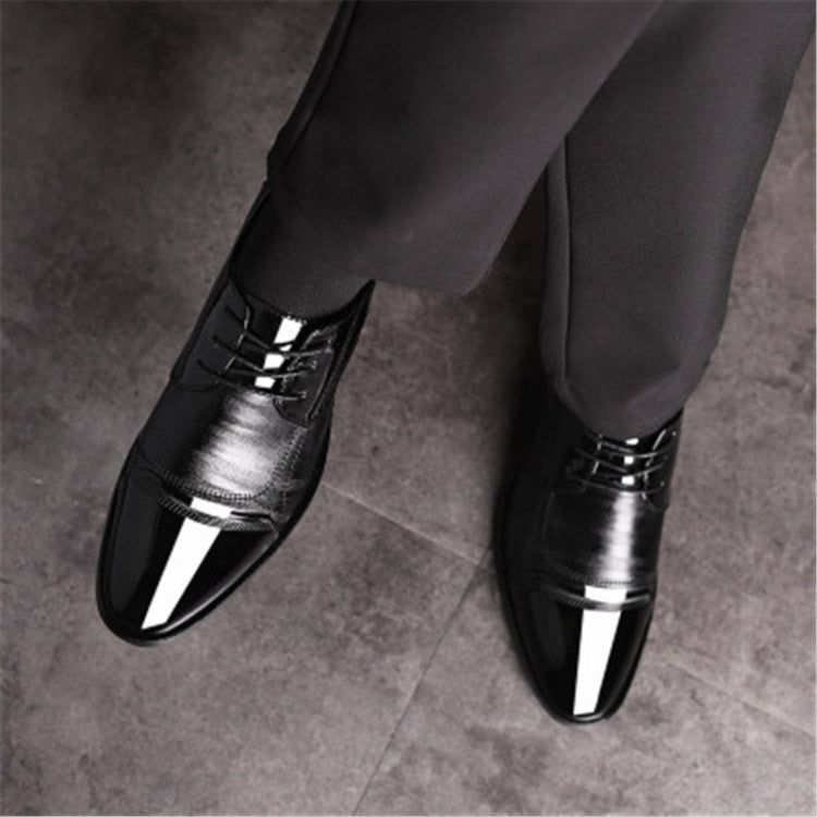 Men's black leather lace-up oxford shoes with shiny silver toe cap detail