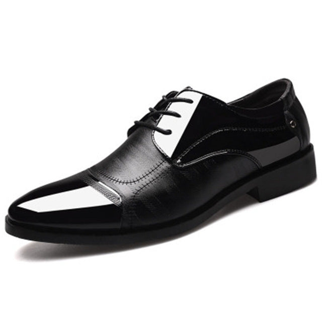 Men's leather lace-up dress shoes, black with V-cut vamp and low, sturdy heel.
