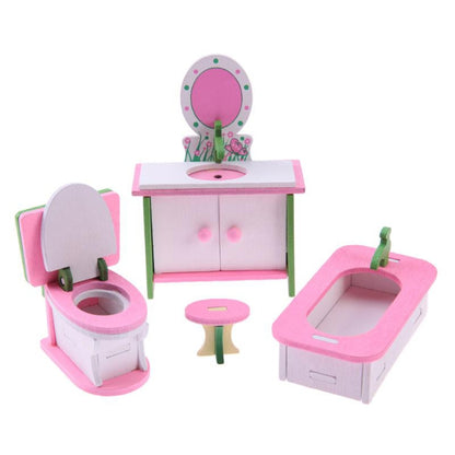 Miniature wooden bathroom furniture set with sink vanity, toilet, tub, and stool