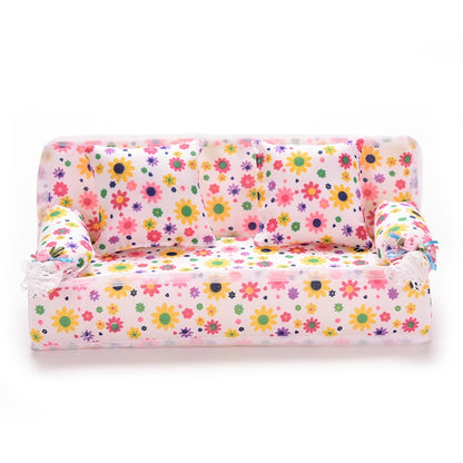 Mini dollhouse fabric sofa with colorful floral print and two back cushions