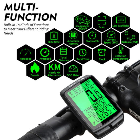 Bike multifunction odometer display with green screen showing ride metrics