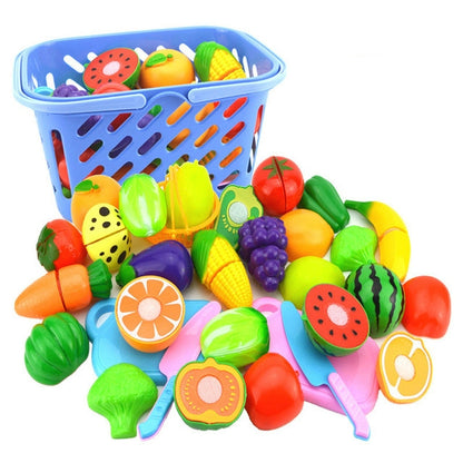Pretend-play plastic fruit and vegetable cutting toy set in blue basket, mixed pieces