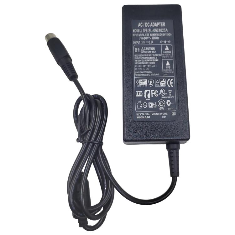Black AC to DC adapter with power cable, labeled side and 3-pin connector