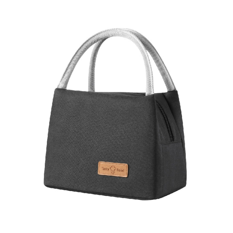 Dark gray insulated lunch tote bag with top handles, front logo patch, and side zipper pocket