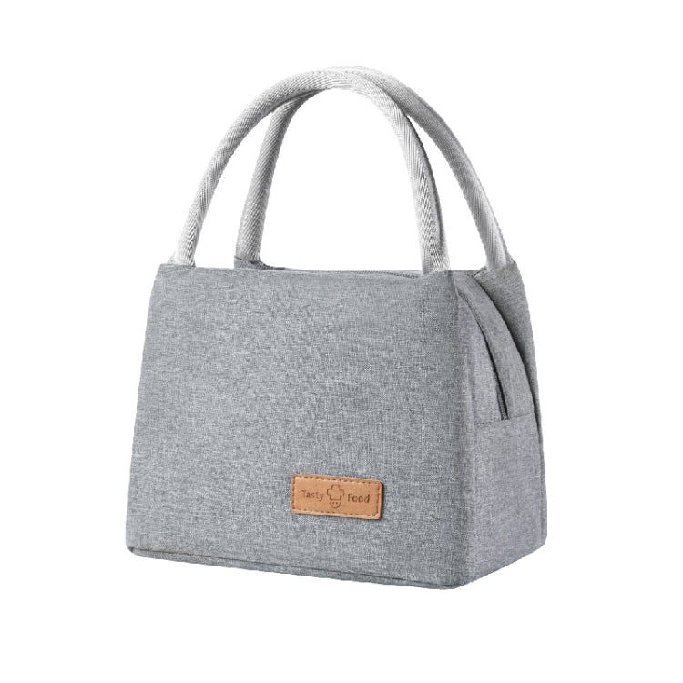 Gray insulated lunch tote bag with top handles and front logo patch with side zipper pocket