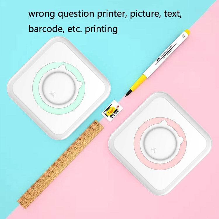 Portable mini thermal printers, white bodies with mint and pink front rings on desk