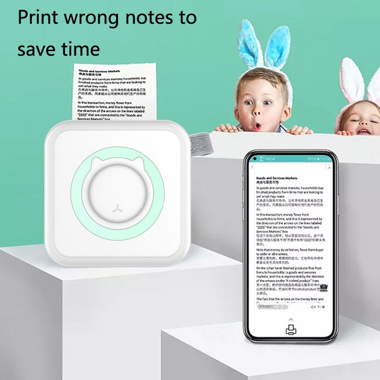 Portable mini thermal Bluetooth printer with mint green ring on display stand